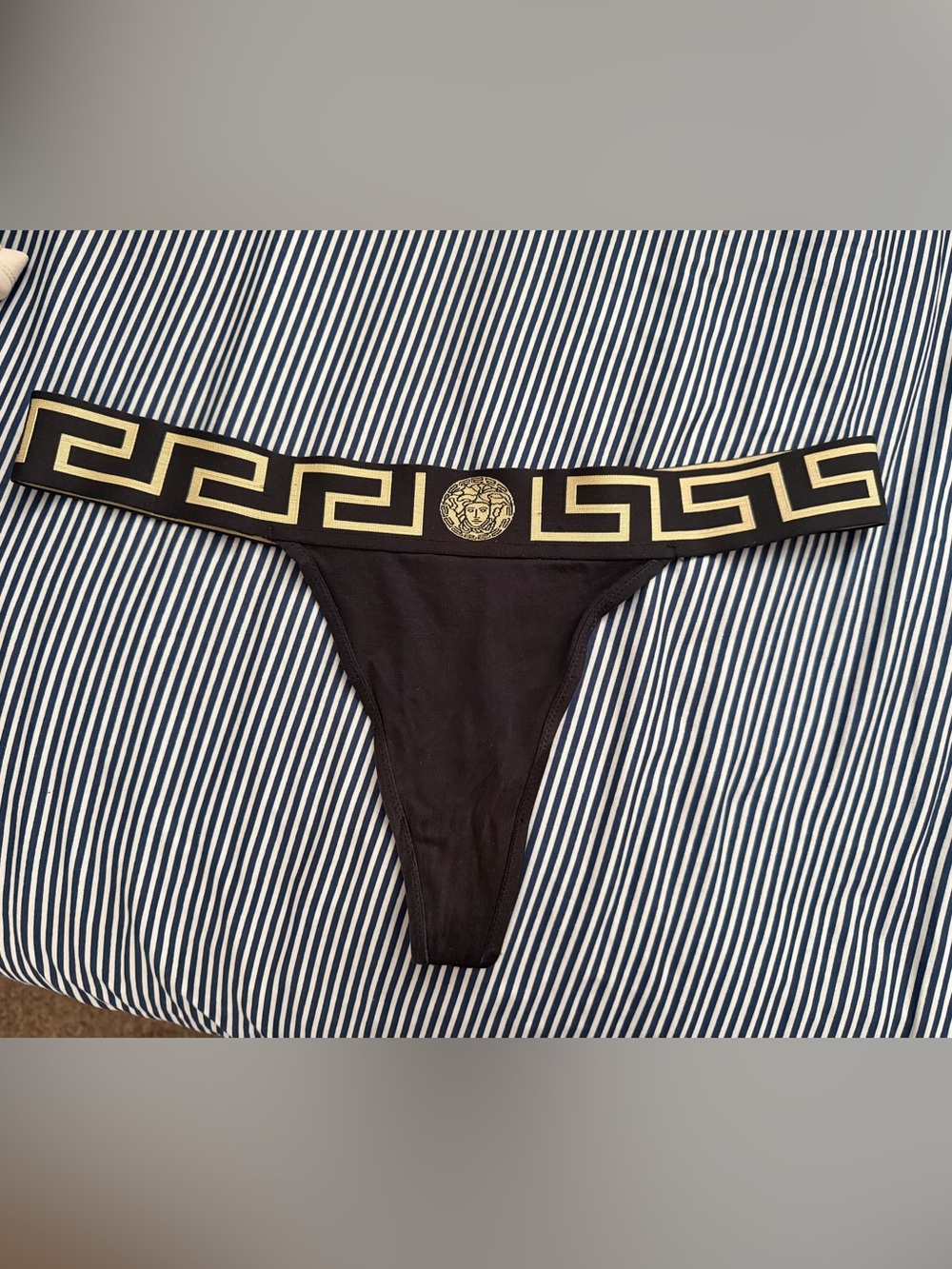 Authentic Versace Black Thong with Gold Greek Key Waistband size XL
